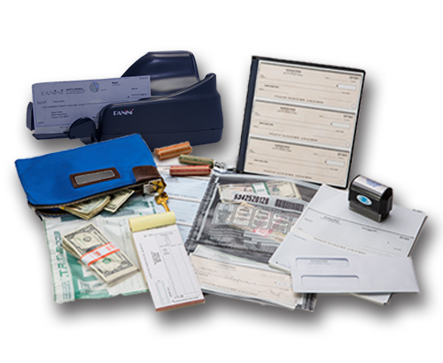 picture with a black remote deposit scanner, blue money bag pouch, deposit slip form, and other treasury accessories